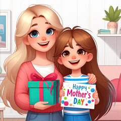 Happy Mother's Day cartoon image. Daughter giving her blonde mother a gift.