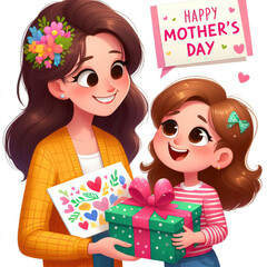 Happy Mother's Day cartoon image. Daughter giving her mother a gift. White background.