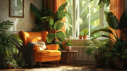 An illustration of a cozy reading nook with a comfortable armchair - obrazy, fototapety, plakaty