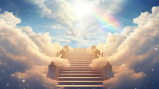 Ascending to Eternity: Stairway to Heaven Above the Clouds, Guided by Divine Light
