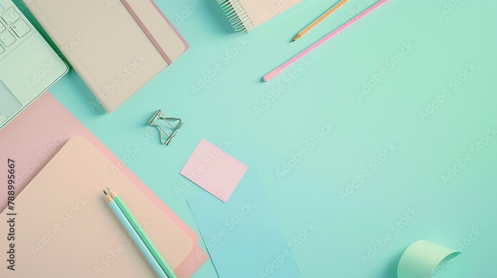 Poster notebook paper pencil paper clip and sticky note on pastel office desk with copy space : generative 