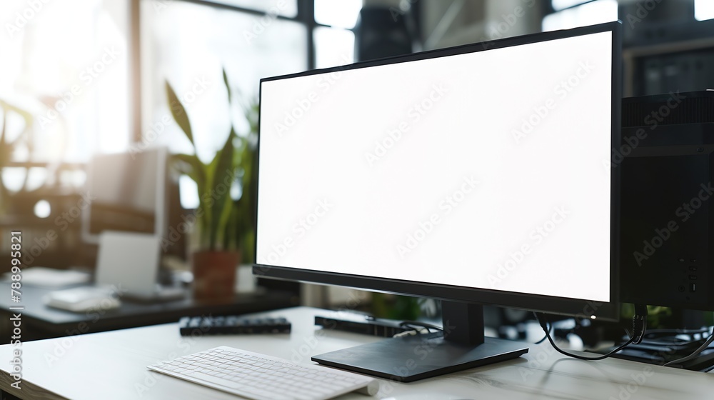 Poster computer monitor with white blank screen putting on white working desk with wireless mouse and keybo