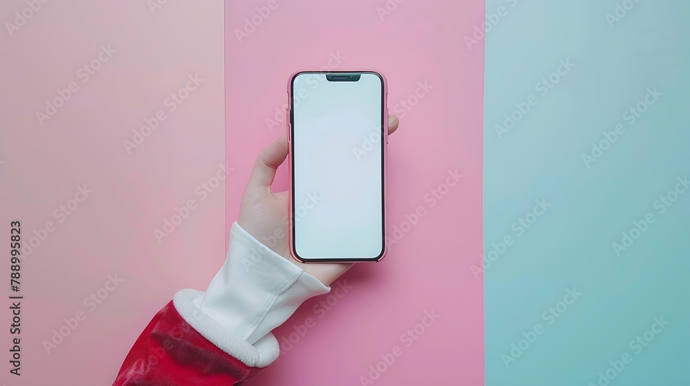 Poster flat lay hand using phone white screen on top viewbackground in pastel colorsclipping path inside : 