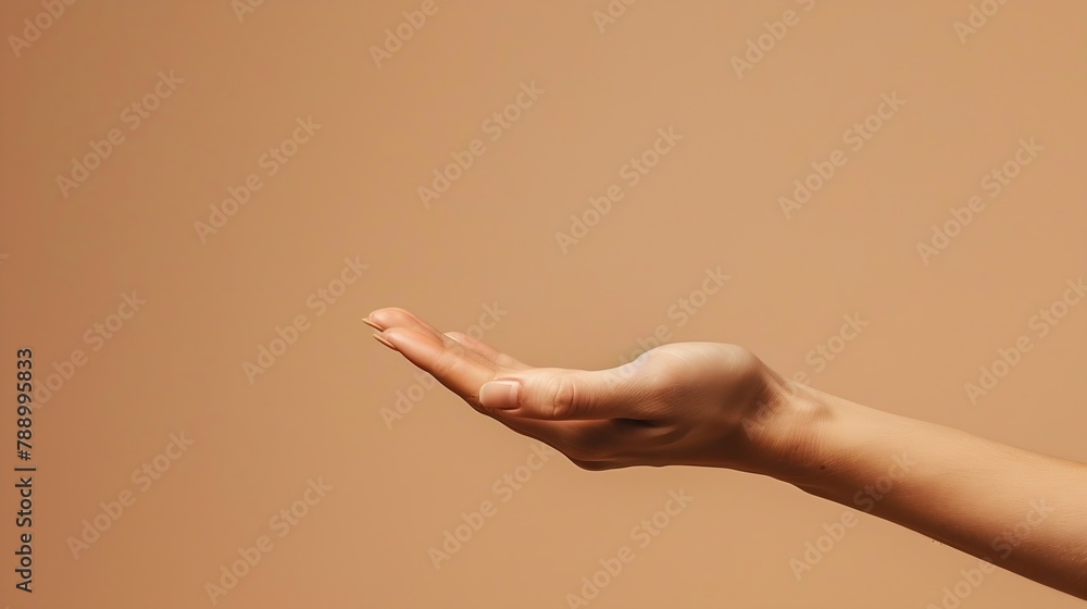 Aufkleber Beautiful woman hand isolated on brown background Empty open female hand on cream background with copy space Close up of elegant palm faced upwards with space for your product : Generative AI
