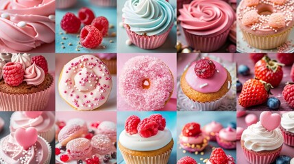 Confectionery Sweets Collage: Donuts and Cupcakes - obrazy, fototapety, plakaty