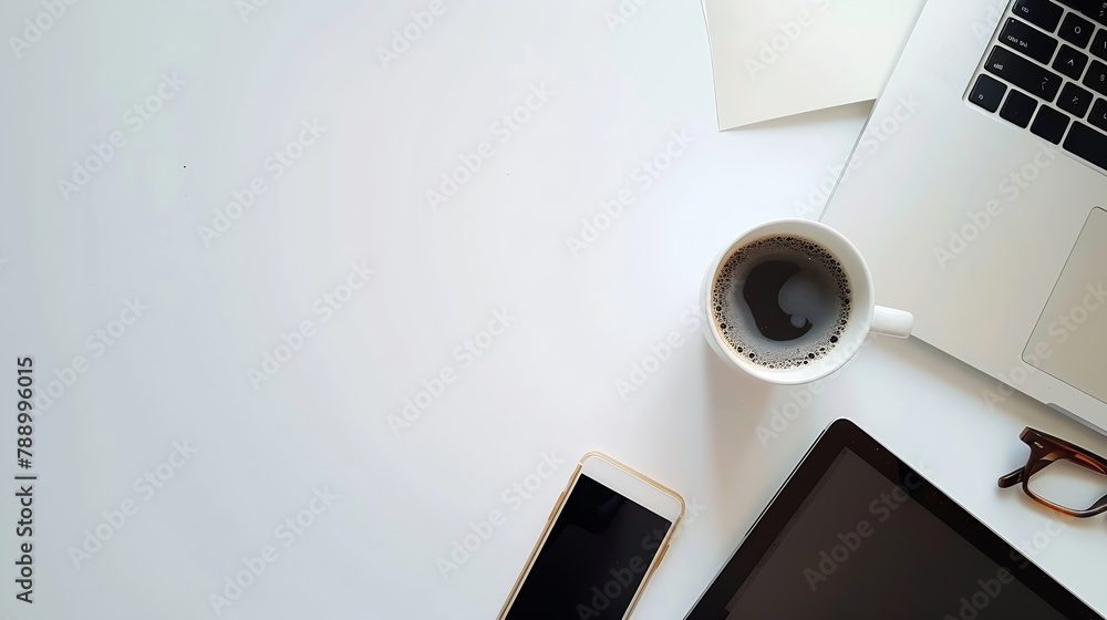 Aufkleber modern workspace with coffee cup smartphone paper notebook tablet and laptop copy space on white col