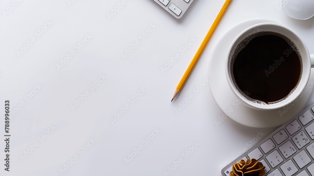 Poster Flat lay top view office table desk Workspace with keyboard office supplies pencil and coffee cup with copy space on white background : Generative AI