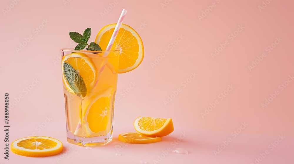 Poster glass of juice made of citrus slices with mint leaves and a straw on light pink background citrus ju