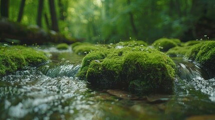 Green Moss on Stones in Forest by River