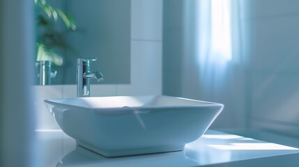 Closeup of white porcelain square basin in new bathroom : Generative AI