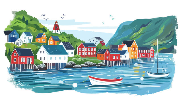 Norwegian landscape panorama. Bay view with buildings