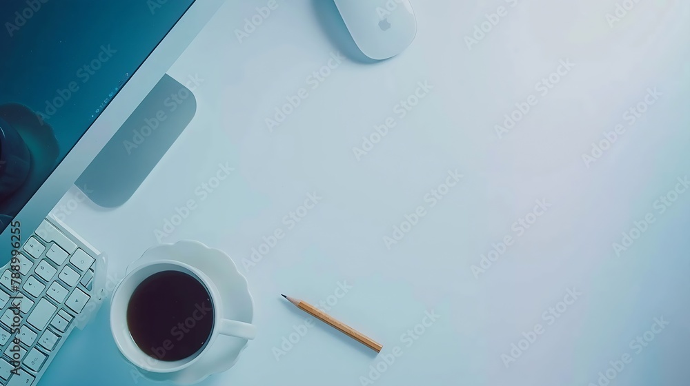 Poster flat lay top view office table desk workspace with keyboard office supplies pencil and coffee cup wi