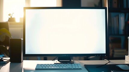 Computer monitor with white blank screen putting on white working desk with wireless mouse and...