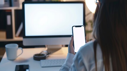 Closeup image of a female office worker using her smartphone while working on her computer at her desk in the office smartphone white screen mockup : Generative AI