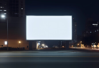 A blank billboard on the side of an urban street at night