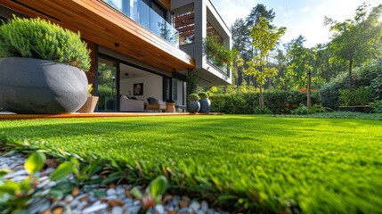 Modern House with Lawn and Wooden Edging - obrazy, fototapety, plakaty
