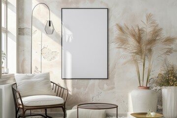 Scandinavian style living room with poster mockup created with generative ai