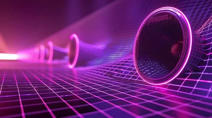 Velours gordijnen Roze abstract landscape with purple grid surface and a speaker created by neon lights