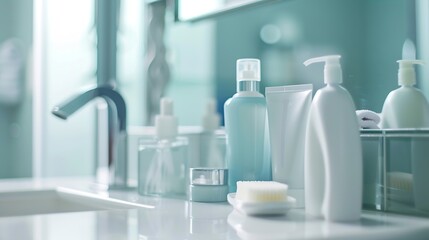 Morning hygiene products on white table top of defocused bathroom : Generative AI
