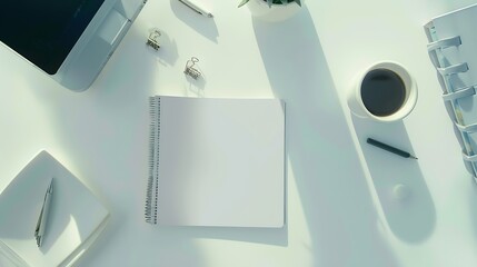 White office desk table with blank notebook computer supplies and coffee cup Top view with copy space Flat lay : Generative AI