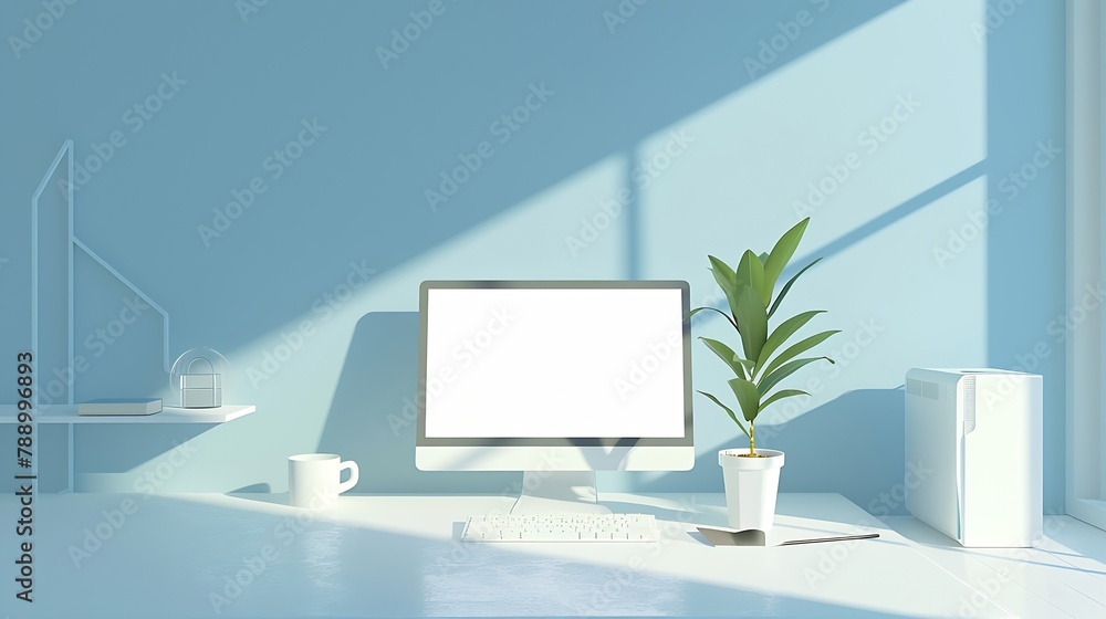 Leinwandbilder Close up view of creative workspace with blank screen computer mug tree pot and copy space on white table with shelf on light blue wall : Generative AI