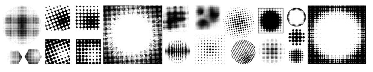 Set of halftone dots curved gradient pattern texture isolated on white background. Not AI, Curve dotted spots using halftone circle dot texture collection. Vector blot half tone collection.