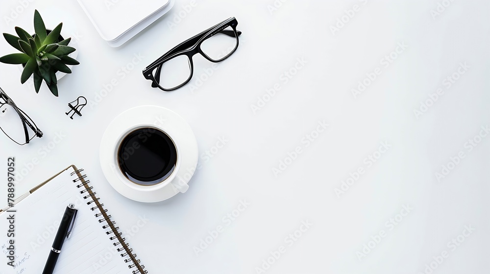 Aufkleber white office desk table with blank notebook computer supplies and coffee cup top view with copy spac
