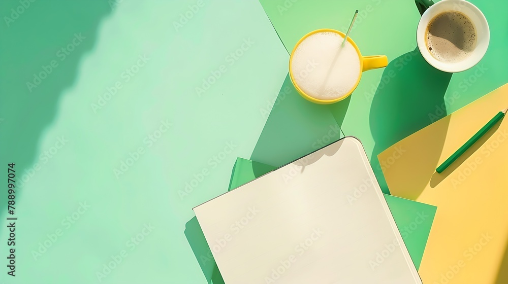 Poster Creative flat lay photo of workspace desk with stationery coffee and blank notebook with copy space background minimal styled : Generative AI