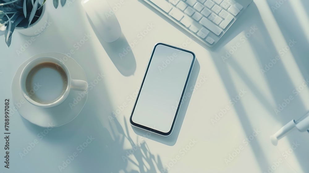 Poster White office desk table with smartphone with blank mockup screen cup of coffee and computer keyboard Top view with copy space flat lay : Generative AI