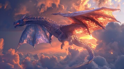 Dragon Wings: A photo of a majestic dragon with iridescent scales and shimmering wings - obrazy, fototapety, plakaty