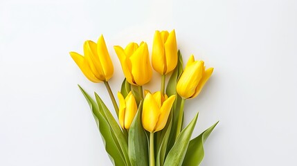 Naklejka premium Yellow tulip flowers bouquet on white background Isolated on white Top view flat lay : Generative AI