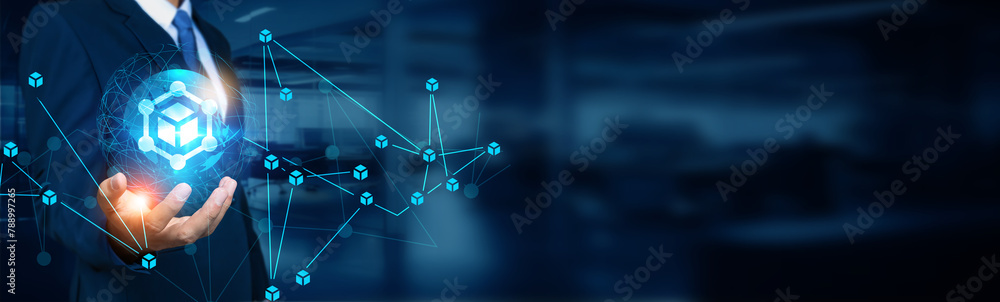 Poster businessman holding global structure networking and blockchain connection, decentralized ledger tech
