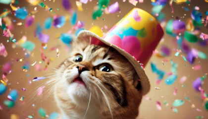 hat concept  Birthday confetti wearing confetti  Happy cute cat flying smiling concept greeting orange emotion beautiful fur paw tail animal pet fun
