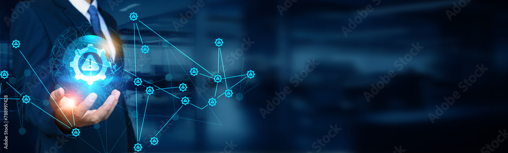 Poster businessman holding global structure networking and risk management connection, web development serv