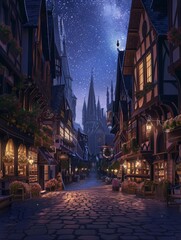 A street in the Gothic style city center, with tall buildings and gothic spires towering above the sky at night.  - obrazy, fototapety, plakaty