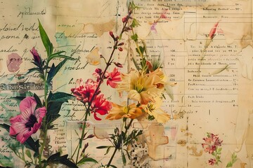 Vintage paper ephemera, text and flowers collage. Collage of faded vintage papers, ephemera, text, and vintage botanical flowers. .