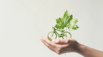 hand holding bicycle made out of green leaves,Hand holding grass globe earth with green bicycle isolated on white background. Environment day concept.world bicycle day
