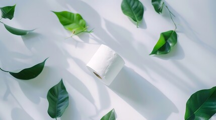 A roll of toilet paper with green leaves  flat lay : Generative AI