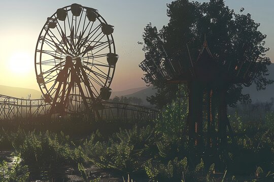 Abandoned Amusement Park Ferris Wheel Silhouetted Against Fading Sunset Dusk Overgrown with Lush Vegetation Evoking Melancholy and Forgotten Memories