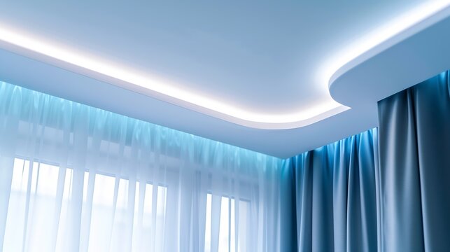 Close up of white ceiling board curtain rail with blue textile in bedroom corner near light wall Ideas for home decoration and design Modern interior in apartment : Generative AI