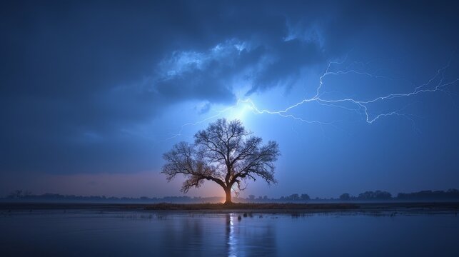 Extreme Weather: A photo of a tree struck by lightning during a thunderstorm