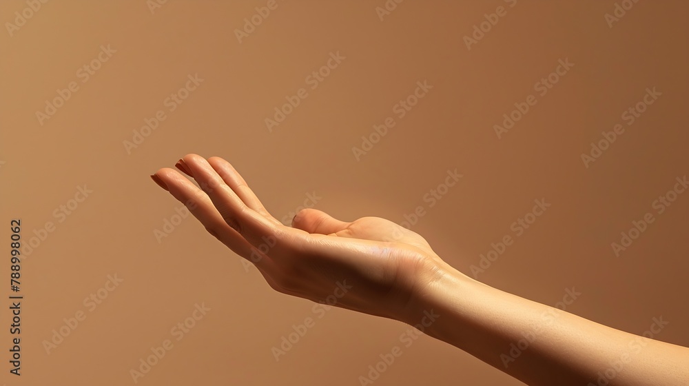 Aufkleber Beautiful woman hand isolated on brown background Empty open female hand on cream background with copy space Close up of elegant palm faced upwards with space for your product : Generative AI