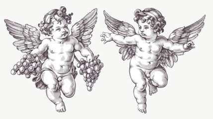 Pair of flying Cupids or angels carrying bunch of gra