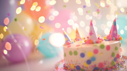 Colorful birthday party background with birthday cake and party hats : Generative AI - Powered by Adobe