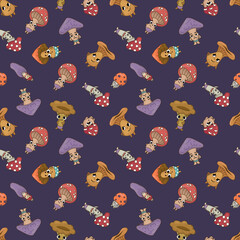 Seamless pattern with mushroom characters. Design for fabric, textile, wallpaper, packaging.	