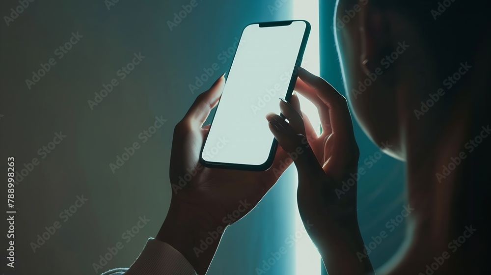 Poster mockup image of woman hand using and touching on blank white screen mobile smartphone close up vinta