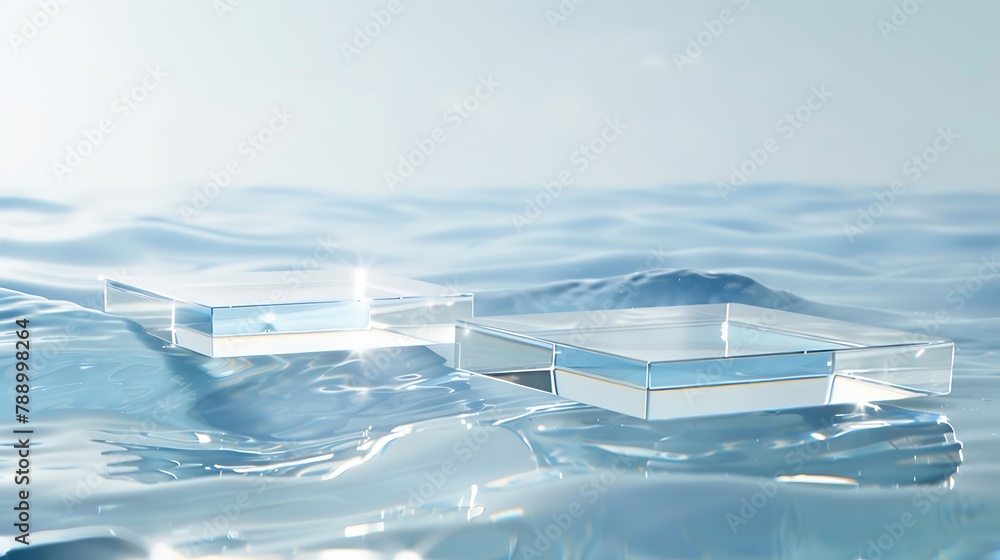 Poster Two empty clear glass square podiums on blue transparent calm water texture with waves in sunlight Abstract nature background for product presentation Flat lay cosmetic mockup copy spa : Generative AI