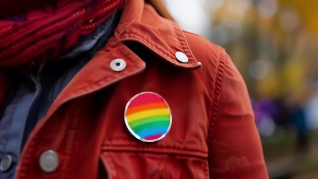 Closeup of a badge with the Be the Rainbow logo worn proudly by individuals who support the movement and spread its message of acceptance and understanding. .