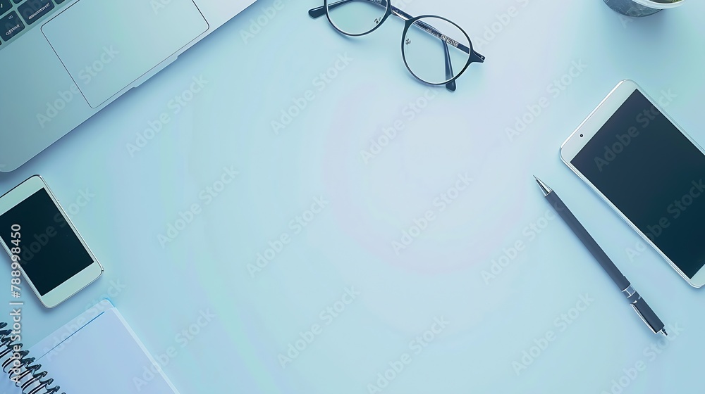 Aufkleber Flat lay photo of office desk with laptop smartphone eyeglasses and notebook with copy space background : Generative AI