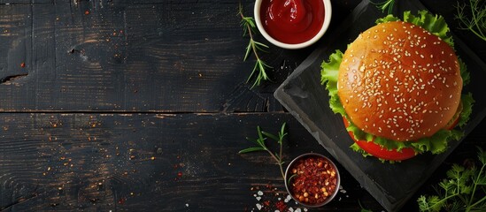 Homemade burger served on a dark platter with spicy tomato sauce, sea salt, and herbs on a dark wooden surface. Overhead shot with empty space for text.